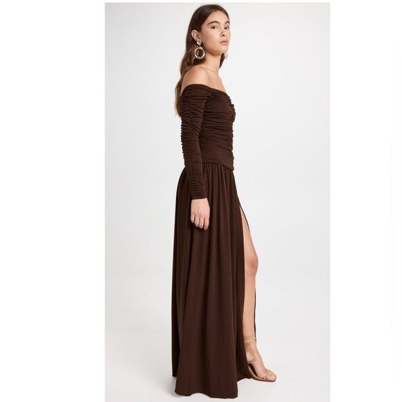 Tanya Taylor Marla Off-the-Shoulder Dress, Mocha Brown, NWT, Size 6 - Picture 3 of 11